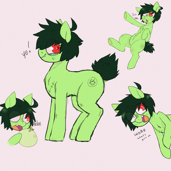 Size: 2000x2000 | Tagged: safe, artist:mclovin, derpibooru import, oc, oc:topsy, pony, doodle, female, food, happy, image, jpeg, looking at you, mare, melon, short mane, short tail, solo, solo female, stitches, tail
