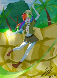 Size: 612x830 | Tagged: safe, artist:rainbom__1122, derpibooru import, rainbow dash, human, eqg summertime shorts, equestria girls, leaping off the page, clothes, crown, explorer outfit, eye clipping through hair, female, image, jewelry, jpeg, regalia, rope, solo