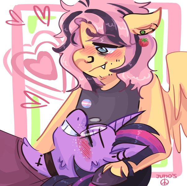 Size: 2048x2033 | Tagged: safe, artist:dmitrymemovznok, derpibooru import, fluttershy, twilight sparkle, anthro, pegasus, unicorn, blushing, choker, clothes, ear piercing, emo, female, glasses, heart, image, jpeg, lesbian, nose piercing, piercing, pride, pride flag, shipping, smiling, solo, transgender pride flag, twishy