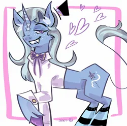 Size: 2048x2033 | Tagged: safe, artist:dmitrymemovznok, derpibooru import, trixie, pony, unicorn, clothes, heart, image, jpeg, leonine tail, smiling, smirk, socks, solo, tail, teeth