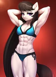 Size: 512x704 | Tagged: suggestive, derpibooru import, machine learning generated, novelai, stable diffusion, octavia melody, anthro, earth pony, abs, absolute cleavage, arm behind head, armpits, bedroom eyes, belly button, bodybuilder, bra, breasts, cleavage, clothes, female, image, jpeg, looking at you, midriff, muscles, muscular female, octveinia, solo, solo female, underwear