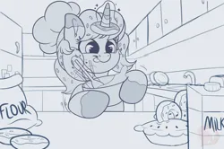 Size: 2100x1397 | Tagged: safe, artist:joaothejohn, derpibooru import, oc, oc:donut daydream, unofficial characters only, pony, unicorn, baking, commission, cute, donut, flour, food, horn, image, kitchen, looking down, milk, pie, png, sketch, solo, tongue out, unicorn oc