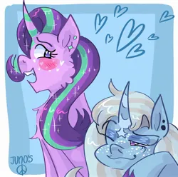 Size: 2048x2033 | Tagged: safe, artist:dmitrymemovznok, derpibooru import, starlight glimmer, trixie, pony, unicorn, blushing, female, heart, image, jpeg, lesbian, shipping, smiling, smirk, solo, startrix