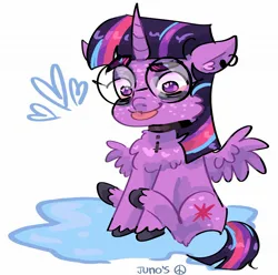 Size: 2048x2033 | Tagged: safe, artist:dmitrymemovznok, derpibooru import, twilight sparkle, twilight sparkle (alicorn), alicorn, pony, chest fluff, choker, fluffy, glasses, heart, image, jpeg, simple background, sitting, solo, white background