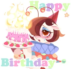Size: 2080x2034 | Tagged: safe, artist:frowoppy, derpibooru import, oc, oc:illui, oc:illuilux, unofficial characters only, earth pony, birthday, birthday cake, birthday gift, brown eyes, brown mane, cake, clown, clown makeup, comic sans, cute, cute little fangs, earth, earth pony oc, fangs, food, g3, hat, image, makeup, my little pony, party, party hat, png, pony party, safety, safety pin, solo, solo focus, strawberry
