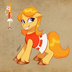 Size: 3508x3508 | Tagged: safe, artist:artharuhi, derpibooru import, ponified, earth pony, human, pony, candace flynn, clothes, floppy ears, grin, image, jpeg, phineas and ferb, shirt, skirt, smiling, solo, unshorn fetlocks