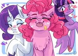 Size: 2048x1493 | Tagged: safe, artist:dmitrymemovznok, derpibooru import, pinkie pie, rarity, twilight sparkle, twilight sparkle (alicorn), alicorn, earth pony, pony, unicorn, :p, blushing, chest fluff, eyes closed, heart, image, jpeg, smiling, tongue out