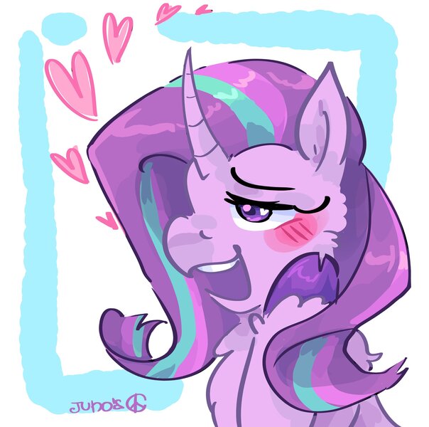 Size: 2048x2033 | Tagged: safe, artist:dmitrymemovznok, derpibooru import, starlight glimmer, pony, unicorn, blushing, chest fluff, heart, image, jpeg, open mouth, smiling