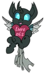 Size: 1125x1836 | Tagged: safe, artist:rokosmith26, derpibooru import, oc, oc:tarsi, unofficial characters only, changeling, pony, :p, big eyes, blue eyes, changeling horn, changeling oc, changeling wings, chibi, commission, cute, front view, heart, hearts and hooves day, holding, holiday, horn, image, looking at you, male, png, simple background, smiling, smiling at you, solo, spread wings, stallion, tongue out, transparent background, underhoof, valentine's day, wings, ych result, your character here