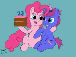 Size: 1600x1200 | Tagged: safe, artist:bigboydover, derpibooru import, pinkie pie, oc, oc:bristle star, earth pony, pony, 23, birthday cake, cake, earth pony oc, food, hat, image, party hat, png