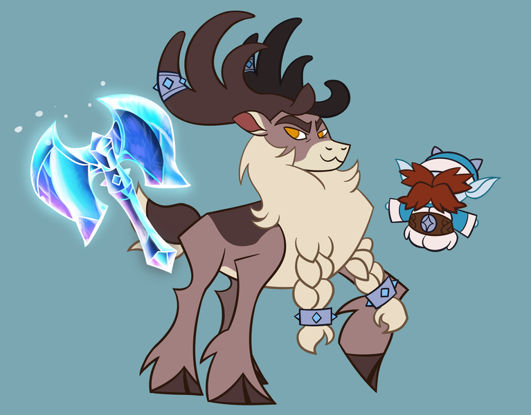 Size: 2200x1720 | Tagged: safe, artist:nonameorous, derpibooru import, deer, reindeer, winter sprite, them's fightin' herds, antlers, axe, battle axe, blue background, braid, community related, duo, eyebrows, facial hair, ice, image, moustache, png, simple background, snow, stronghoof hoofstrong, vetr (tfh), weapon