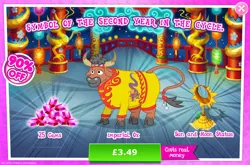 Size: 1954x1293 | Tagged: safe, derpibooru import, official, steven magnet, unnamed character, bull, cow, advertisement, bush, clothes, cloven hooves, costs real money, english, gameloft, gem, horn, image, jpeg, lunar new year, mobile game, my little pony: magic princess, numbers, ox, sale, solo, solo focus, text, unnamed cow