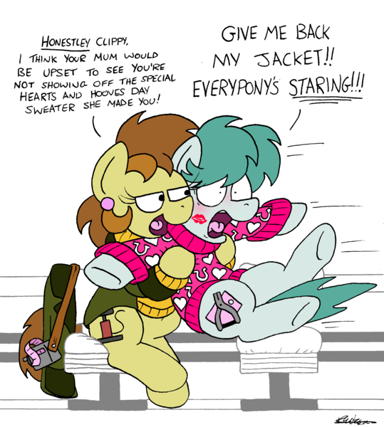 Size: 2360x2628 | Tagged: safe, artist:bobthedalek, derpibooru import, oc, oc:bubble pump, oc:clippy ticket, unofficial characters only, earth pony, pegasus, pony, comic:trottingham transport, blushing, chair, clothes, embarrassed, hearts and hooves day, hug, image, jacket, kiss mark, lipstick, png, smug, sweater