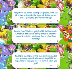 Size: 2048x1946 | Tagged: safe, derpibooru import, official, apple munchies, applejack, celena, royal riff, spike, starlight glimmer, trixie, windstorm, dragon, earth pony, pony, unicorn, apple family member, brooch, cape, clothes, costume, dialogue, dialogue box, english, event, female, gameloft, hat, image, implied mistmane, jewelry, lunar new year, mare, my little pony: magic princess, png, speech bubble, text, trixie's cape, trixie's hat, winged spike, wings