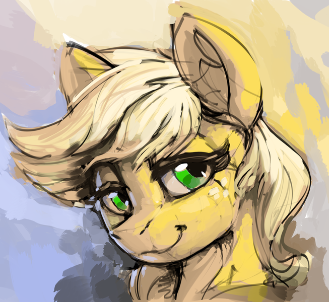 Size: 2176x2000 | Tagged: safe, artist:dimfann, derpibooru import, applejack, earth pony, pony, abstract background, bust, female, freckles, image, mare, png, smiling, solo