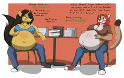 Size: 4800x3040 | Tagged: suggestive, artist:panzerschreckleopard, derpibooru import, oc, oc:amber steel, oc:georgia (panzerschreckleopard), unofficial characters only, anthro, unicorn, 2023, belly, belly button, big belly, big breasts, black mane, blushing, breasts, brown fur, cleavage, clothes, colored, cougar, denim, dialogue, duo, duo female, dyed hair, female, flannel, flannel shirt, happy trail, image, jeans, lip bite, orange eyes, pants, plate, png, red hair, simple background, stuffed, stuffed belly, stuffing, tanktop, yellow eyes, yellow fur
