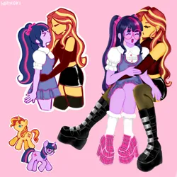 Size: 2048x2048 | Tagged: safe, artist:noriko, derpibooru import, sunset shimmer, twilight sparkle, human, pony, unicorn, equestria girls, boots, bow, clothes, dress, duo, eyes closed, female, glasses, hair bow, high heels, humanized, image, lesbian, mare, open mouth, pink background, plushie, png, shipping, shirt, shoes, signature, simple background, skirt, socks, stockings, sunsetsparkle, thigh highs, unicorn twilight