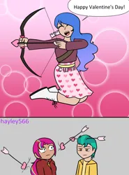 Size: 1734x2348 | Tagged: safe, artist:hayley566, derpibooru import, hitch trailblazer, izzy moonbow, sunny starscout, human, 2 panel comic, arrow, belt, boots, bow (weapon), bow and arrow, clothes, comic, commission, cupid, eyes closed, female, g5, heart, hearts and hooves day, holiday, hoodie, humanized, image, jacket, male, open mouth, png, quiver, scared, shipper on deck, shipping, shirt, shoes, skirt, straight, sunnyhitch, trio, unamused, valentine's day, wall, weapon