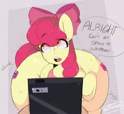 Size: 1846x1705 | Tagged: suggestive, artist:darkdoubloon, derpibooru import, part of a set, apple bloom, pony, bloom butt, bow, butt, dialogue, eye clipping through hair, eyebrows, eyebrows visible through hair, fanfic art, female, hair bow, huge butt, image, jiggle, jpeg, large butt, mare, mobile phone, older, older apple bloom, open mouth, phone, plot, simple background, speech bubble, sweat, text, wobble, wobbling