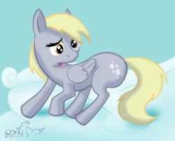 Size: 1000x802 | Tagged: safe, artist:udn-renard, derpibooru import, derpy hooves, pegasus, pony, bubble butt, butt, cloud, female, image, jpeg, looking back, mare, on a cloud, open mouth, plot, signature, solo, standing