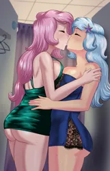 Size: 1323x2048 | Tagged: suggestive, artist:thebrokencog, derpibooru import, fluttershy, trixie, human, big breasts, breasts, busty fluttershy, busty trixie, butt, butt touch, clothes, dress, duo, duo female, eyes closed, female, females only, fitting room, hand on butt, hands on waist, humanized, image, kissing, large butt, lesbian, light skin, long hair, minidress, png, shipping, side view, sideboob, standing, sweat