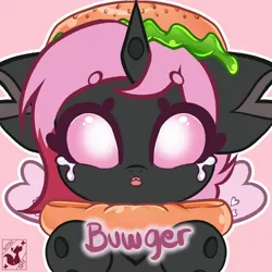 Size: 1500x1500 | Tagged: safe, artist:kitsumebutterfly, derpibooru import, oc, oc:heartstring fiddler, changeling, burger, commission, crying, food, heart wings, image, jpeg, pink changeling, ych result