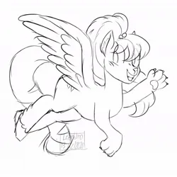 Size: 1024x1024 | Tagged: safe, artist:mysthooves, derpibooru import, oc, unofficial characters only, hybrid, 2020, ailourohippos, barely pony related, ear fluff, female, flying, grayscale, grin, hind hooves, image, jpeg, monochrome, paw pads, paws, quadrupedal, raised paw, simple background, smiling, solo, spread wings, white background, winged cat, wings