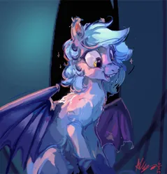 Size: 2416x2528 | Tagged: safe, artist:alumx, derpibooru import, oc, oc:panne, unofficial characters only, bat pony, pony, bat pony oc, bat wings, female, high res, image, jpeg, mare, open mouth, open smile, smiling, solo, sparkles, wings