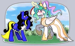 Size: 2140x1300 | Tagged: safe, artist:kitsumebutterfly, derpibooru import, princess celestia, oc, oc:destiny light, alicorn, pony, unicorn, clothes, commission, couple, dress, female, females only, flower, holiday, image, lesbian, love, mare, png, pony oc, queen celestia, valentine's day, ych result