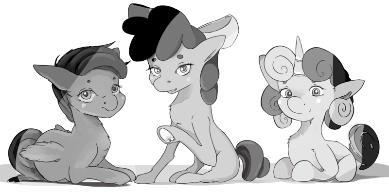 Size: 4352x2160 | Tagged: safe, artist:karibela, artist:robintbishop, derpibooru import, apple bloom, scootaloo, sweetie belle, pony, cutie mark crusaders, female, filly, image, monochrome, png, underhoof