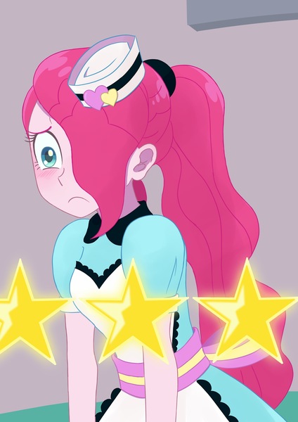 Size: 2894x4093 | Tagged: safe, artist:haibaratomoe, derpibooru import, pinkie pie, equestria girls, equestria girls series, five stars, spoiler:eqg series (season 2), apron, clothes, customer rating, female, image, jpeg, rating, sad, scene interpretation, server pinkie pie, shop, sweet snacks cafe, waitress