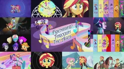 Size: 1280x721 | Tagged: safe, derpibooru import, editor:quoterific, applejack, fluttershy, pinkie pie, rainbow dash, rarity, sunset shimmer, twilight sparkle, horse, human, equestria girls, friendship through the ages, country applejack, folk fluttershy, image, jpeg, new wave pinkie