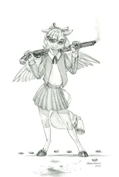 Size: 900x1338 | Tagged: semi-grimdark, artist:baron engel, derpibooru import, cozy glow, anthro, pegasus, pony, bullet, female, filly, foal, gun, image, jpeg, monochrome, pencil drawing, shotgun, solo, story included, traditional art, weapon