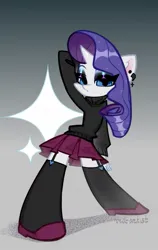 Size: 831x1315 | Tagged: safe, artist:rrd-artist, derpibooru import, rarity, anthro, unicorn, bipedal, boots, clothes, ear piercing, eyeshadow, image, jpeg, looking at you, makeup, piercing, pose, shoes, skirt, solo, sweater