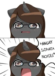 Size: 2600x3600 | Tagged: safe, artist:nihithebrony, derpibooru import, oc, oc:sonata, unofficial characters only, pony, unicorn, angry, angry noises, blushing, comic, descriptive noise, elements of justice, female, floppy ears, glasses, horse noises, image, mare, meme, open mouth, png, simple background, solo, speech bubble, text, turnabout storm, white background, yelling