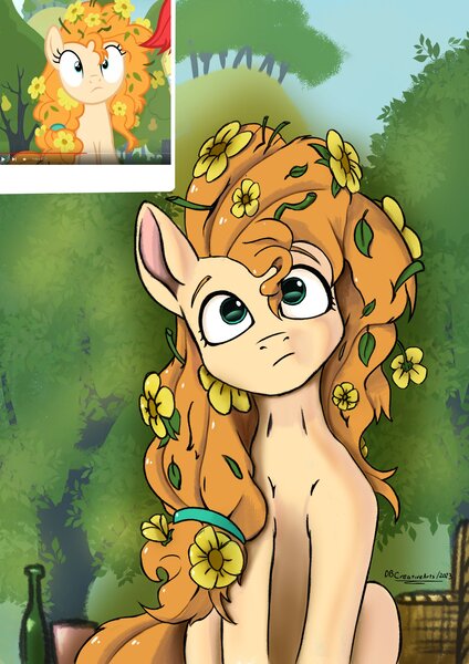 Size: 2480x3508 | Tagged: safe, artist:db, derpibooru import, screencap, bright mac, pear butter, earth pony, pony, bottle, female, flower, flower in hair, image, jpeg, male, mare, reference used, stallion, youtube video