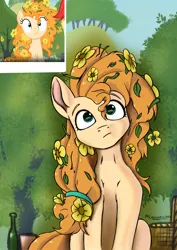 Size: 2480x3508 | Tagged: safe, artist:db, derpibooru import, screencap, bright mac, pear butter, earth pony, pony, bottle, female, flower, flower in hair, image, jpeg, male, mare, reference used, stallion, youtube video