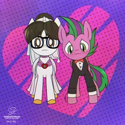 Size: 5000x5000 | Tagged: safe, artist:theratedrshimmer, derpibooru import, raven, spike, ponified, pegasus, pony, unicorn, bride, commission, cute, female, groom, image, male, png, ponified spike, ravenspike, shipping, species swap, straight, ych result, your character here