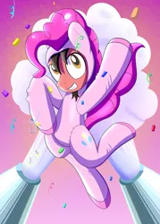 Size: 2143x3000 | Tagged: safe, artist:trackheadtherobopony, derpibooru import, pinkie pie, oc, oc:ace play, earth pony, pony, clothes, confetti, cosplay, costume, grin, image, jpeg, jumping, kigurumi, party cannon, ponysuit, smiling, solo
