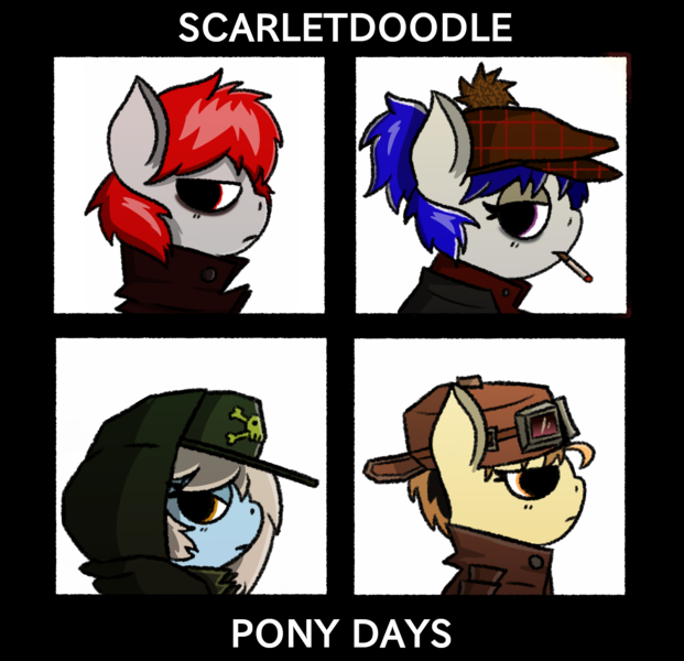 Size: 1346x1301 | Tagged: safe, artist:scarletdoodle, derpibooru import, oc, oc:hachi, oc:rainy breeze, oc:scarlet breeze, oc:soft blow, bee pony, original species, album, album cover, album parody, blonde mane, blue mane, demon days, gorillaz, image, multiple characters, png, purple eyes, red eyes, red mane, white coat, yellow eyes