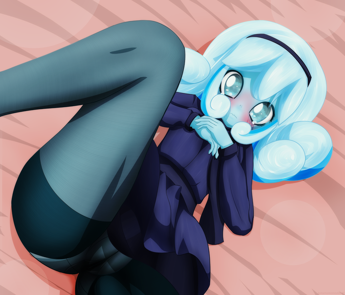 Size: 2500x2137 | Tagged: suggestive, artist:an-m, oc, oc:snowdrop, equestria girls, adorasexy, bed, blind, blushing, clothes, cute, equestria girls-ified, female, female focus, hands on chest, headband, image, laying on bed, looking at you, nervous, on bed, panties, pantyhose, png, scarf, sexy, skirt, solo focus, stockings, sweater, thigh highs, underwear, upskirt