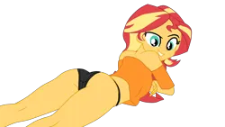 Size: 3380x1900 | Tagged: suggestive, artist:gmaplay, derpibooru import, sunset shimmer, equestria girls, ass, ass up, bunset shimmer, butt, clothes, image, looking back, lying down, png, prone, simple background, solo, transparent background, underwear