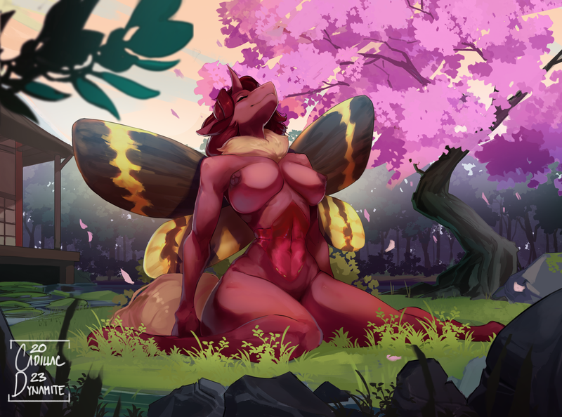 Size: 4200x3120 | Tagged: questionable, artist:cadillac-dynamite, derpibooru import, oc, oc:flechette, anthro, changeling, insect, moth, mothling, original species, unguligrade anthro, image, png, red changeling, sitting, species swap, tree