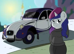 Size: 3509x2550 | Tagged: safe, artist:sparkfler85, derpibooru import, rarity, anthro, unicorn, alternate hairstyle, background, beatnik rarity, bedroom eyes, beret, breasts, canterlot castle, car, citroën, citroën 2cv, clothes, derpibooru exclusive, hat, image, no tail, pants, png, solo, sweater, vehicle