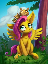 Size: 1200x1600 | Tagged: safe, artist:lexx2dot0, derpibooru import, fluttershy, bird, owl, pegasus, pony, big ears, clover, cyan eyes, day, daytime, female, fir tree, grass, happy, image, jpeg, looking at someone, looking up, mare, outdoors, pink mane, sitting, sitting on head, sky, smiling, solo, spread wings, tree, wings, yellow skin