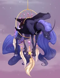 Size: 1462x1900 | Tagged: safe, artist:dementra369, derpibooru import, princess luna, alicorn, classical unicorn, pony, unicorn, angry, annoyed, cloven hooves, colored, curved horn, cute, dreamcatcher, feather, flowing mane, folded wings, funny, furrowed brow, horn, image, leonine tail, lol, looking at you, lunabetes, png, simple background, solo, unshorn fetlocks, wings