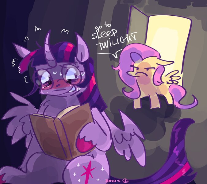 Size: 2048x1820 | Tagged: safe, artist:dmitrymemovznok, derpibooru import, twilight sparkle, twilight sparkle (alicorn), alicorn, pegasus, pony, :c, book, frown, glasses, go to sleep, image, jpeg, sheepish grin, sitting, smiling, sweat, sweatdrops, text