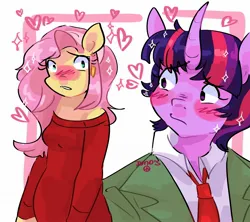 Size: 2048x1820 | Tagged: safe, artist:dmitrymemovznok, derpibooru import, fluttershy, twilight sparkle, anthro, pegasus, unicorn, blushing, clothes, crossover, female, heart, image, jpeg, lesbian, shipping, spy x family, twishy