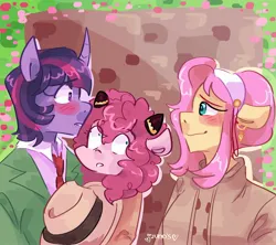 Size: 2048x1820 | Tagged: safe, artist:dmitrymemovznok, derpibooru import, fluttershy, pinkie pie, twilight sparkle, anthro, earth pony, pegasus, unicorn, blushing, clothes, crossover, female, image, jpeg, lesbian, shipping, spy x family, twishy