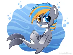 Size: 2000x1500 | Tagged: safe, artist:madelinne, derpibooru import, oc, unofficial characters only, original species, pony, shark, shark pony, bubble, chibi, digital art, dorsal fin, eye color change, fish tail, happy, heterochromia, image, ocean, png, signature, simple background, smiling, solo, swimming, tail, two toned mane, underwater, water